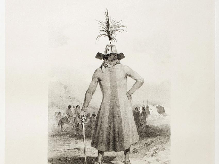 "Jefe patagón en traje de guerra. Patagón y patagona"