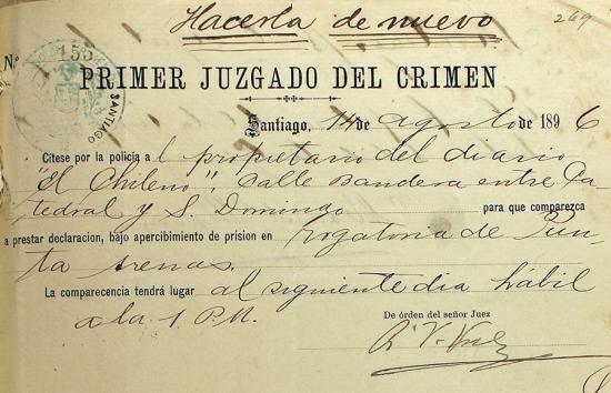 Sumario sobre vejámenes inferidos a indígenas de Tierra del Fuego. Magallanes, 2 de diciembre de 1895. Archivo Nacional de Chile.