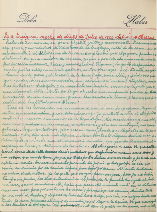Manuscrito de Esteban Scarpa sobre el incendio de la FOM