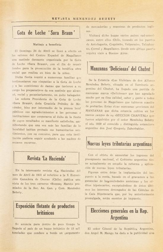 Revista Menéndez Behety. Tomo VIII, núms. 85-90, año 1931 (fragmento)